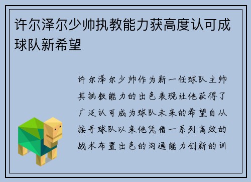 许尔泽尔少帅执教能力获高度认可成球队新希望